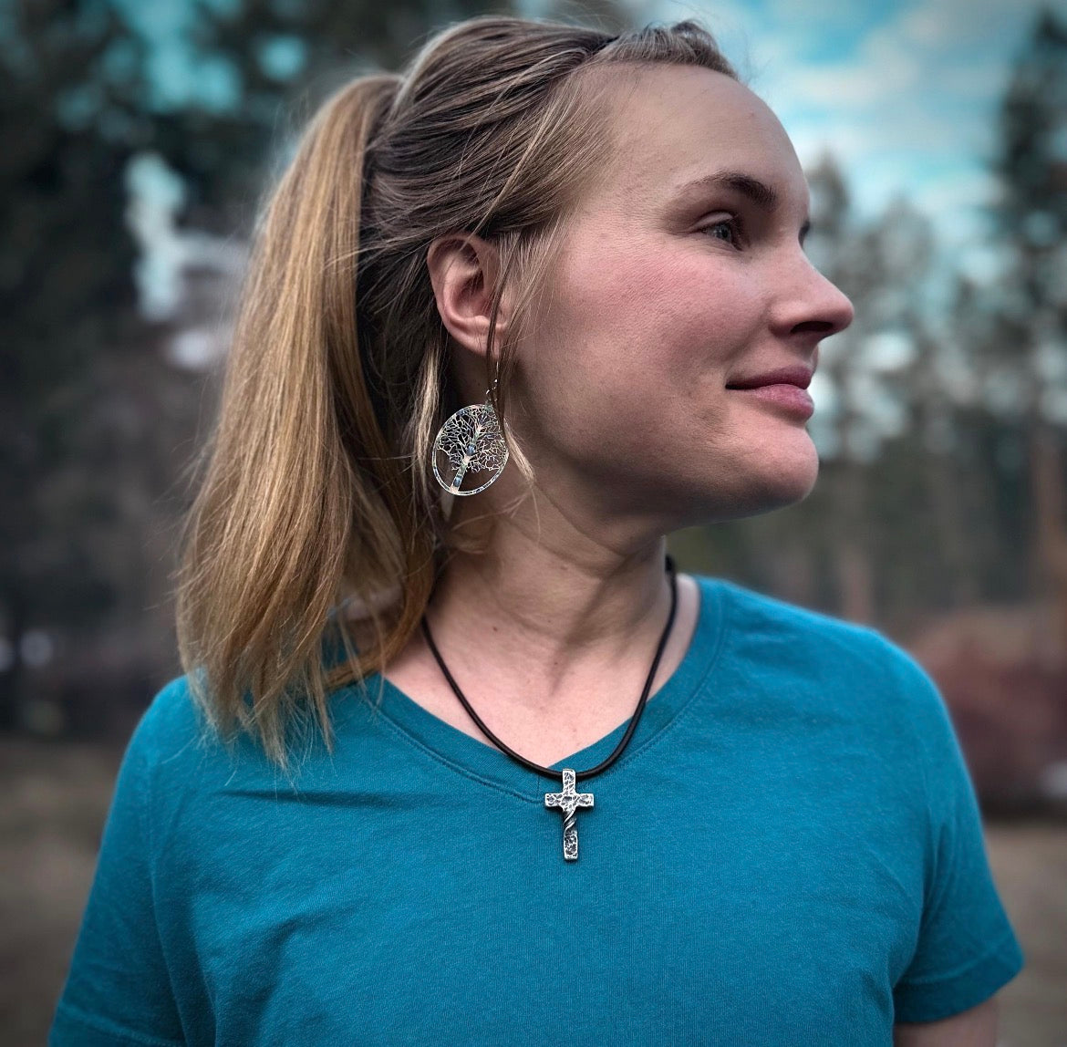 999+ Pure Silver Polished Textured Cross Pendant. Made in America. Hand forged in Montana