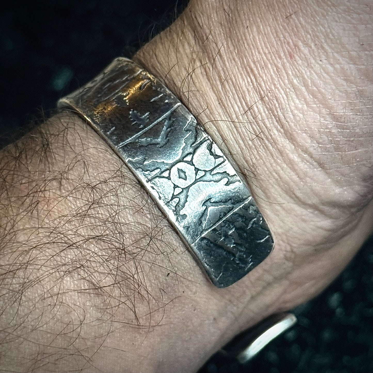 100% Pure Silver Cuff Bracelet. southwest pattern. 5/8 wide. Handmade in Montana. Rugged Western bracelet. .999 Fine silver. New Design!