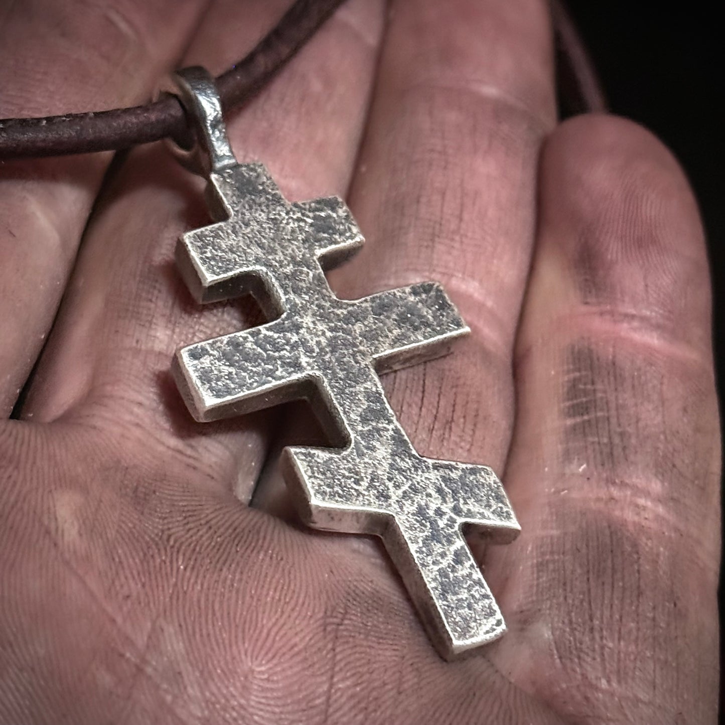 100% Pure Silver ORTHODOX CROSS PENDANT. Rustic finish. Made in America. hand forged in Montana. .999 Fine Silver.