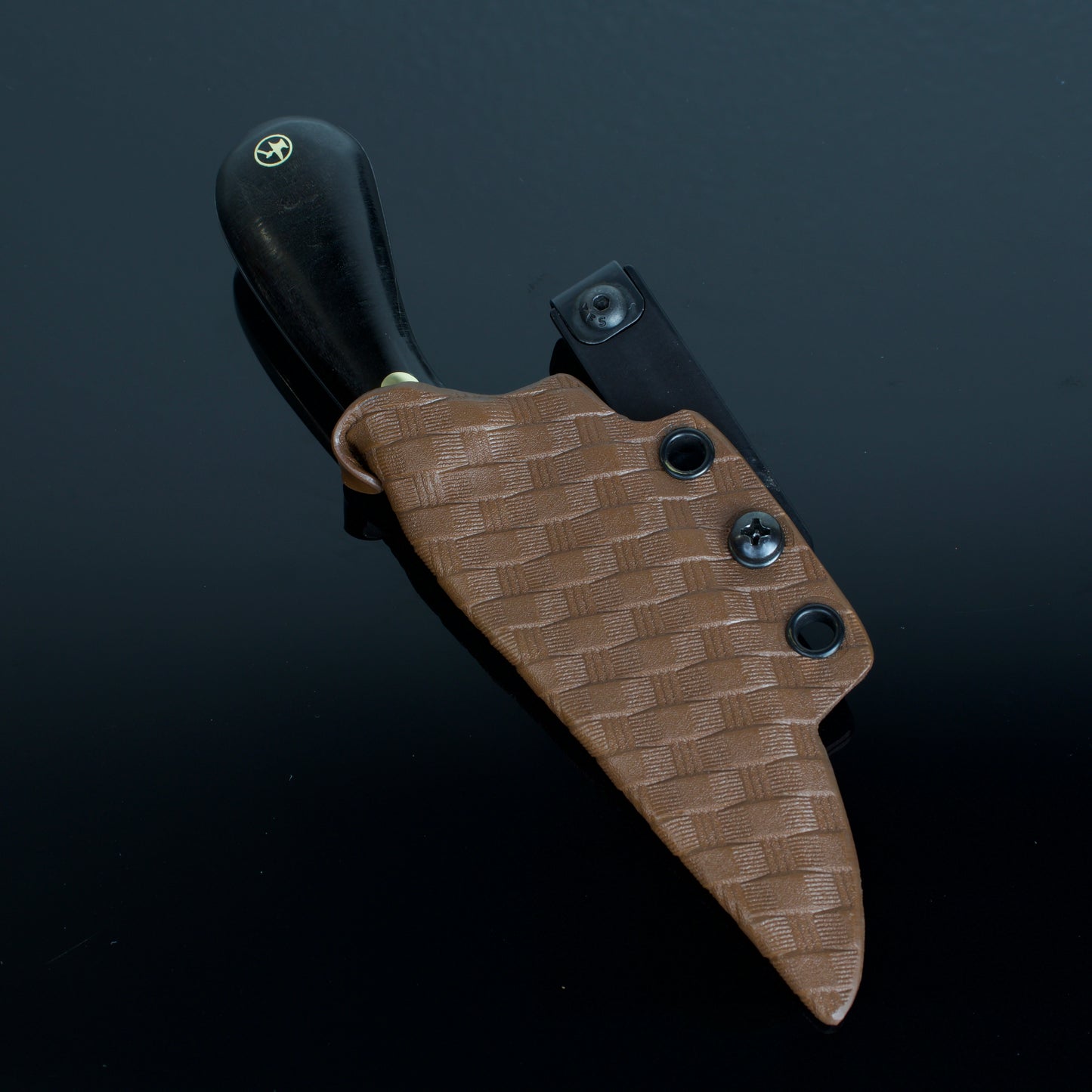 Damascus Steel Clinch Pick Knife with Kydex Sheath. Hand Forged in Montana.