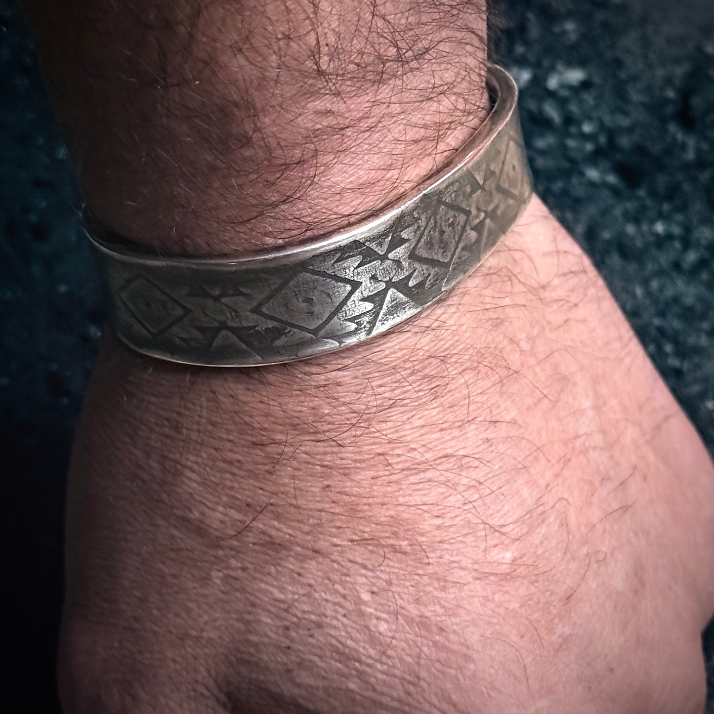 100% Pure Silver Cuff Bracelet. southwest pattern. 5/8 wide. Handmade in Montana. Rugged Western bracelet. .999 Fine silver. New Design!
