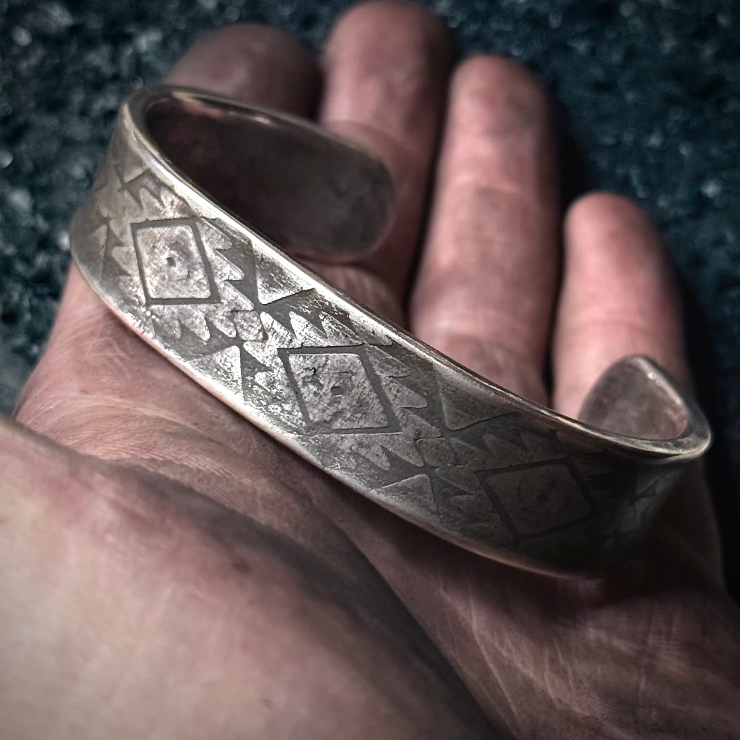 100% Pure Silver Cuff Bracelet. southwest pattern. 5/8 wide. Handmade in Montana. Rugged Western bracelet. .999 Fine silver. New Design!