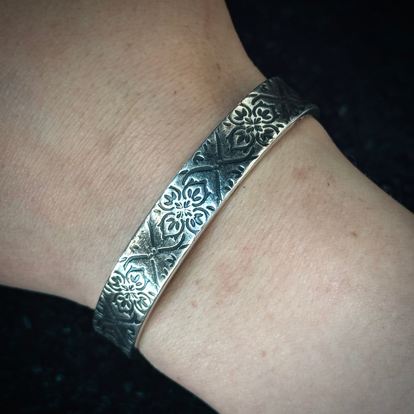 100% Pure Silver Cuff Bracelet. Floral Filigree Pattern 3/8" wide. Handmade in Montana, USA. .999 Fine silver. New Design!