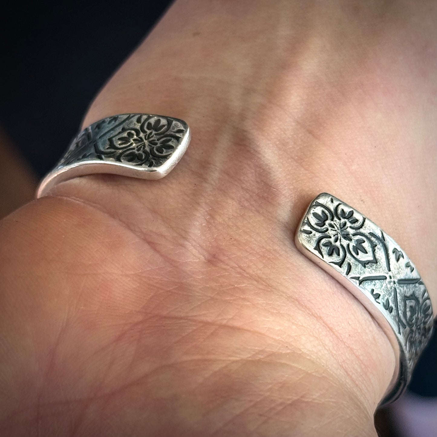 100% Pure Silver Cuff Bracelet. Floral Filigree Pattern 3/8" wide. Handmade in Montana, USA. .999 Fine silver. New Design!