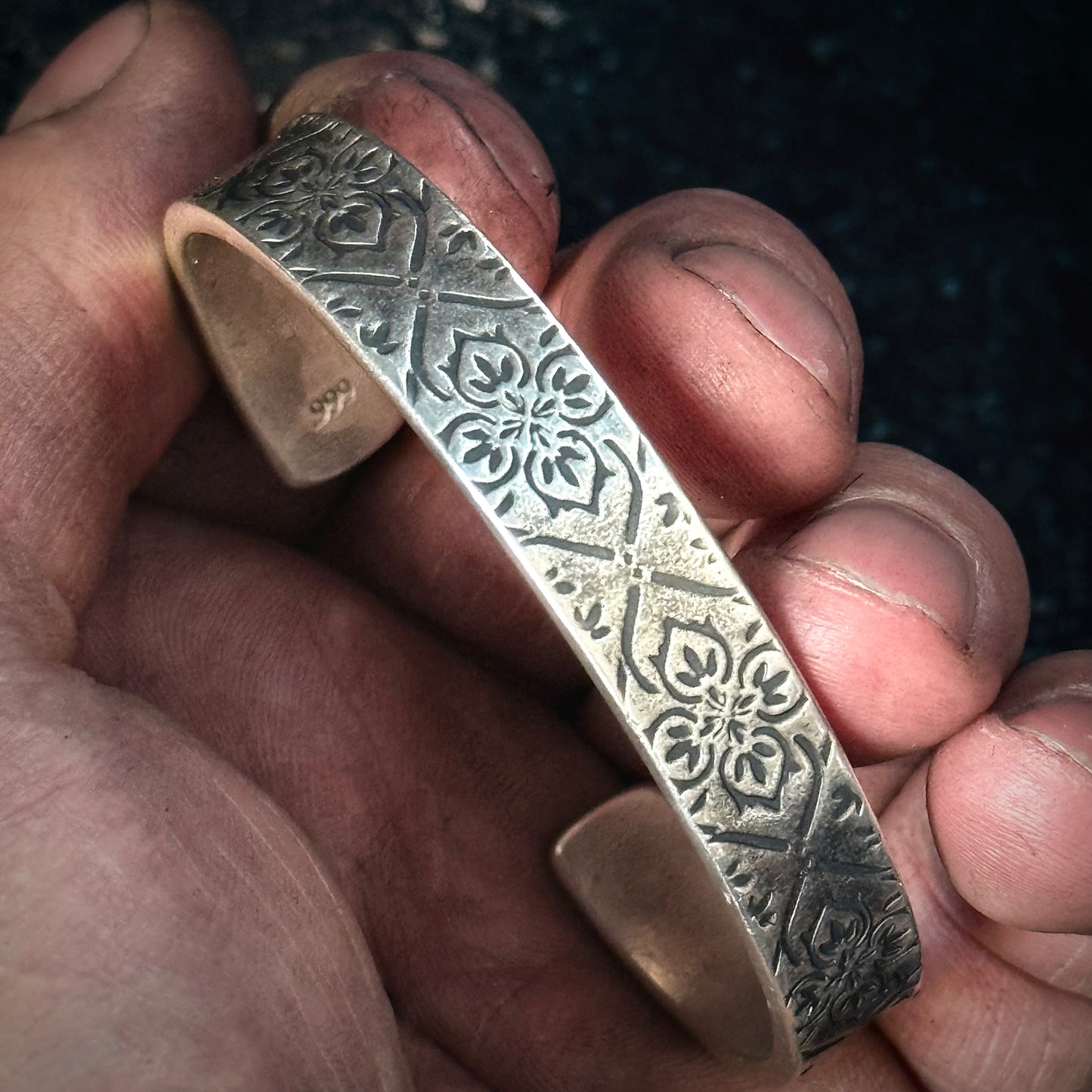 100% Pure Silver Cuff Bracelet. Floral Filigree Pattern 3/8" wide. Handmade in Montana, USA. .999 Fine silver. New Design!