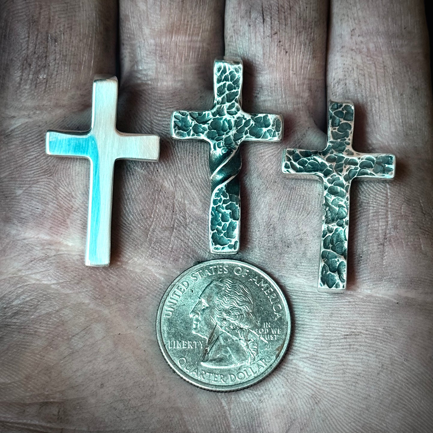 100% Pure Silver, Petite, Twisted, Hammered Cross Pendant. Made in America. Hand forged in Montana. .999 Fine Silver