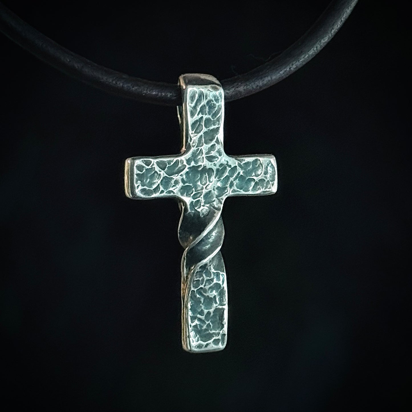 100% Pure Silver, Petite, Twisted, Hammered Cross Pendant. Made in America. Hand forged in Montana. .999 Fine Silver