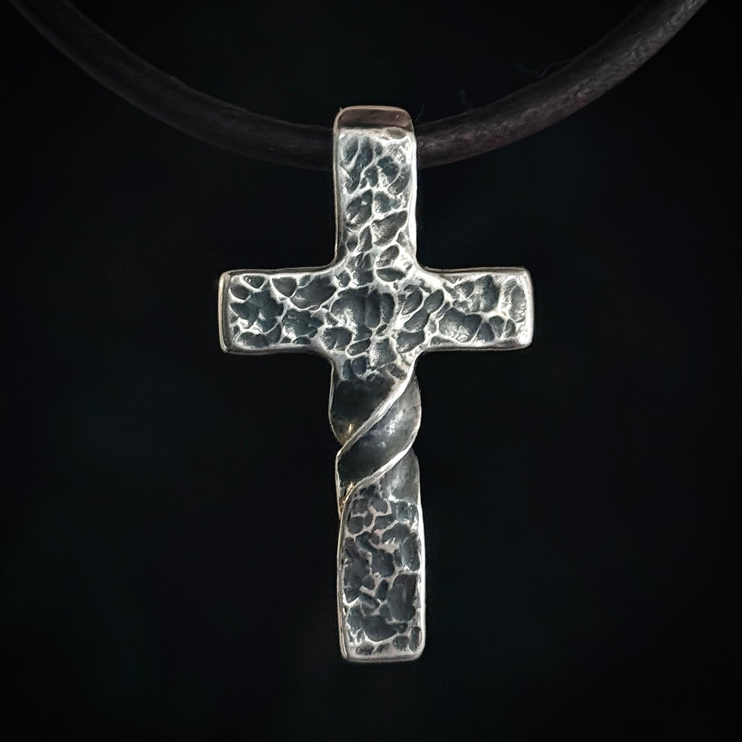100% Pure Silver, Petite, Twisted, Hammered Cross Pendant. Made in America. Hand forged in Montana. .999 Fine Silver
