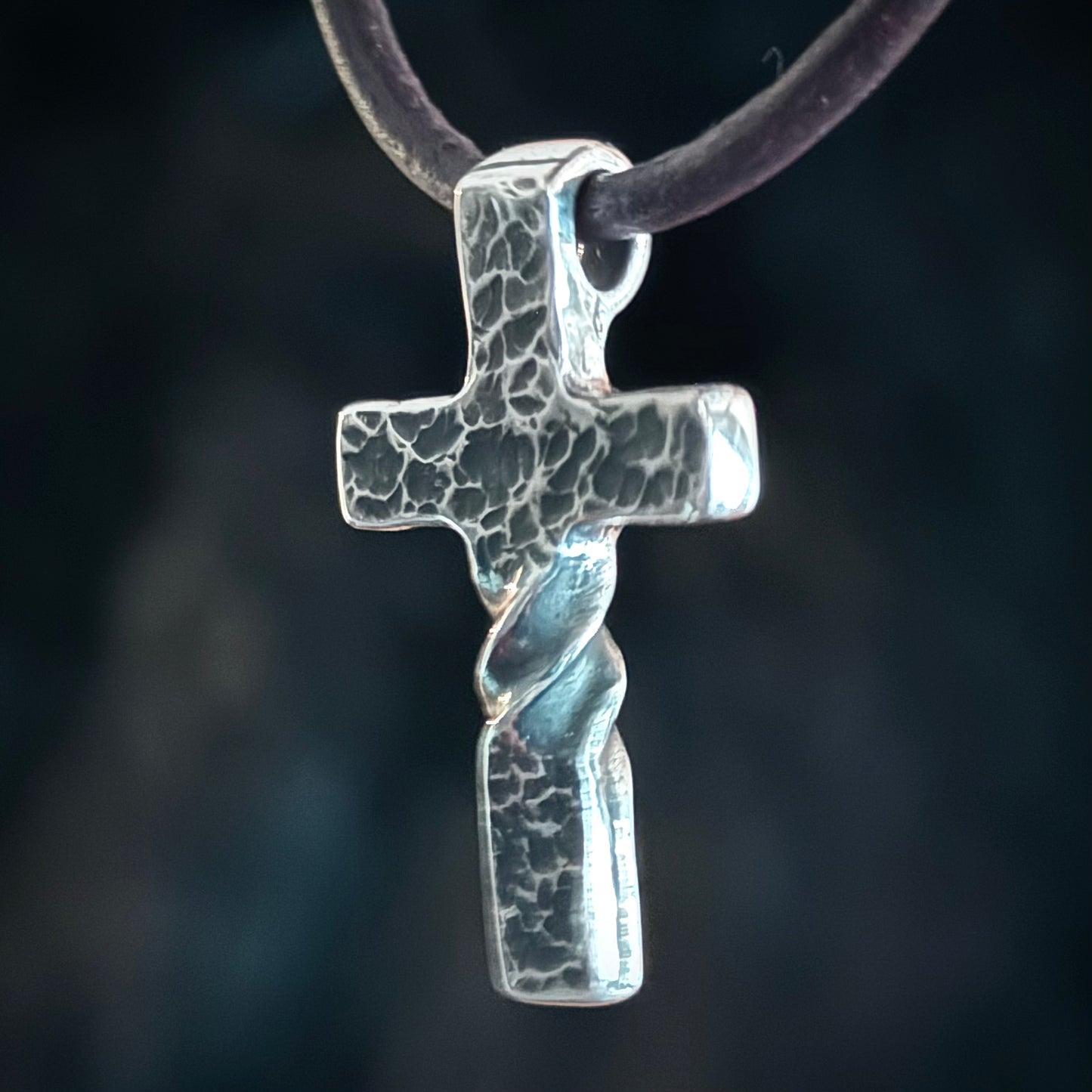 100% Pure Silver, Petite, Twisted, Hammered Cross Pendant. Made in America. Hand forged in Montana. .999 Fine Silver