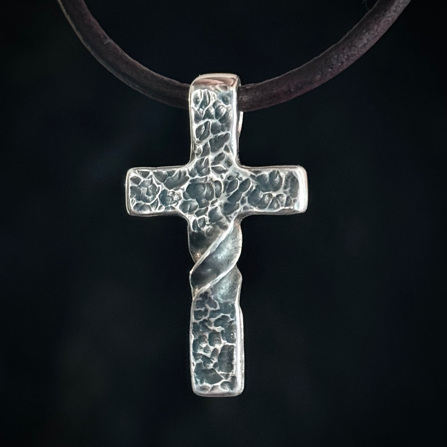 100% Pure Silver, Petite, Twisted, Hammered Cross Pendant. Made in America. Hand forged in Montana. .999 Fine Silver