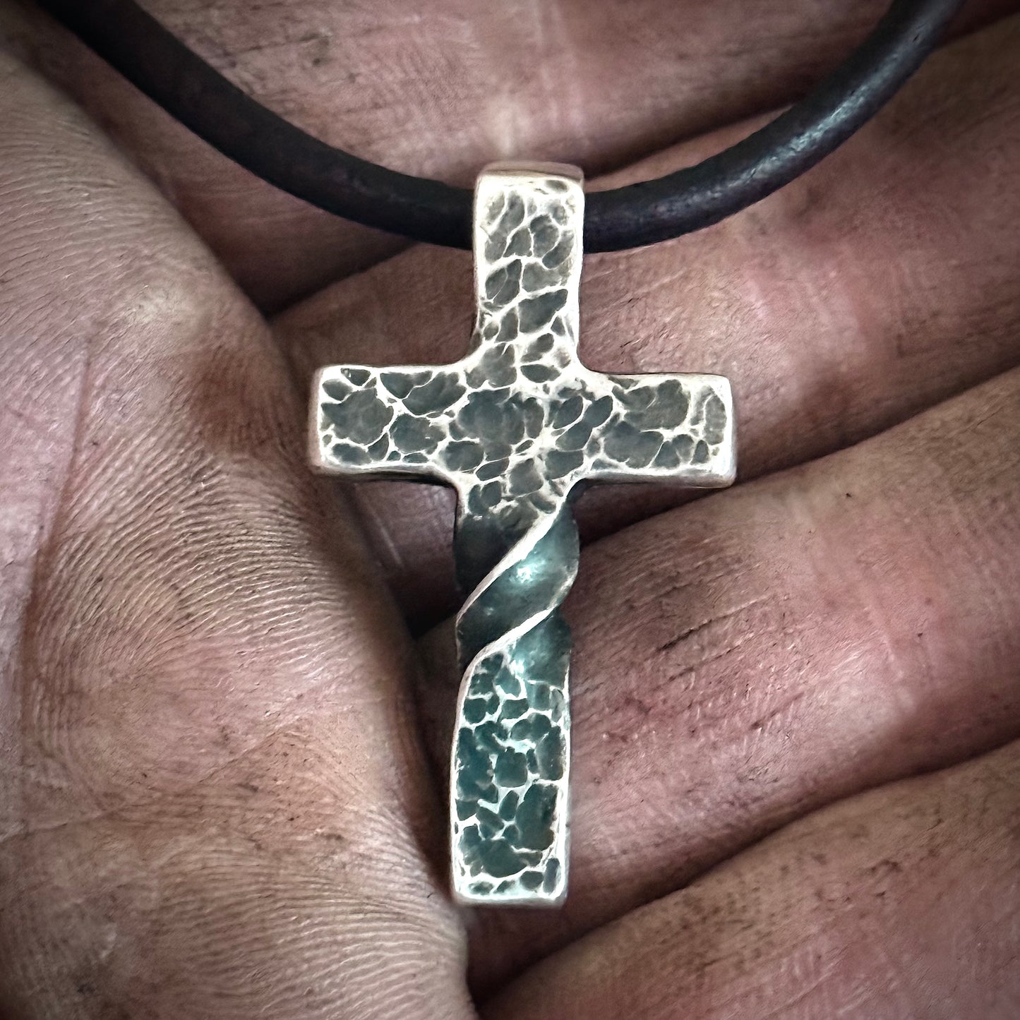100% Pure Silver, Petite, Twisted, Hammered Cross Pendant. Made in America. Hand forged in Montana. .999 Fine Silver