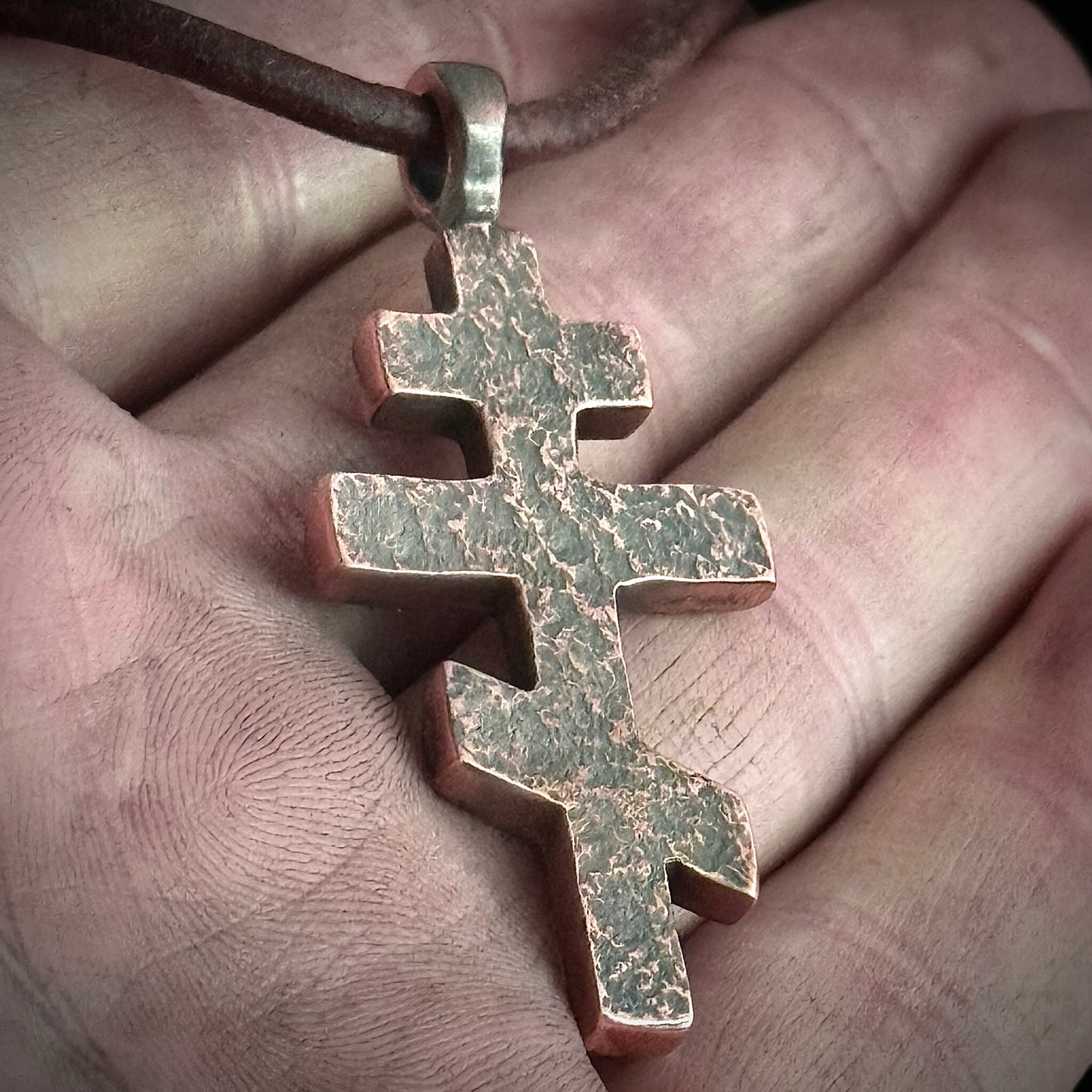 100% Pure Copper ORTHODOX CROSS PENDANT. Rustic finish. Made in America. hand forged in Montana.