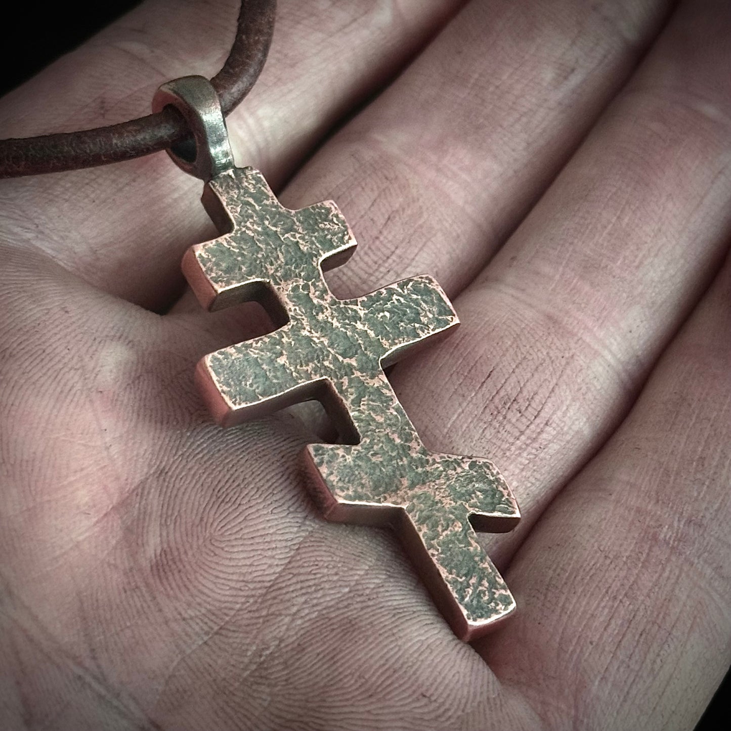 100% Pure Copper ORTHODOX CROSS PENDANT. Rustic finish. Made in America. hand forged in Montana.