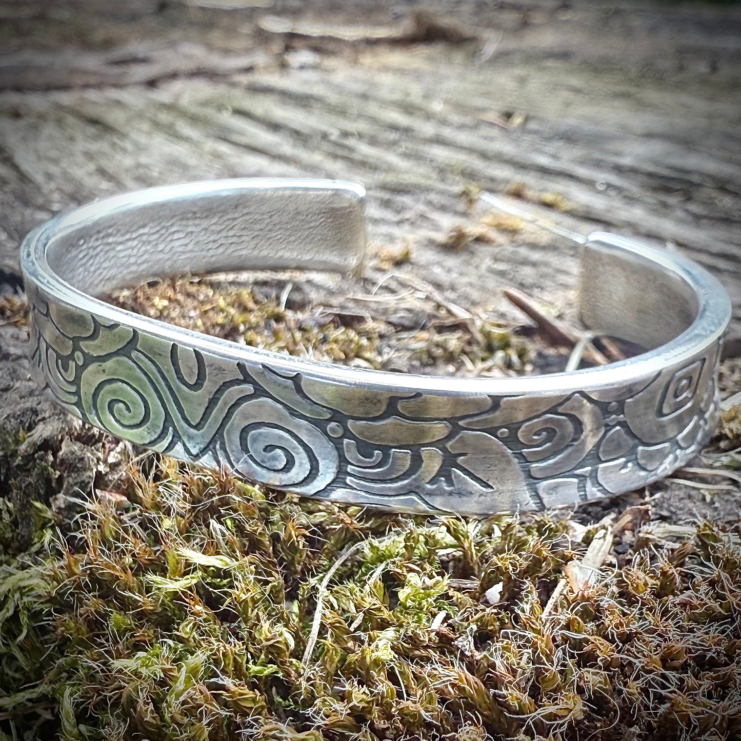 100% Pure Silver Bracelet. Floral + Swirl Pattern 3/8" wide. Handmade in Montana, USA. .999 Fine silver