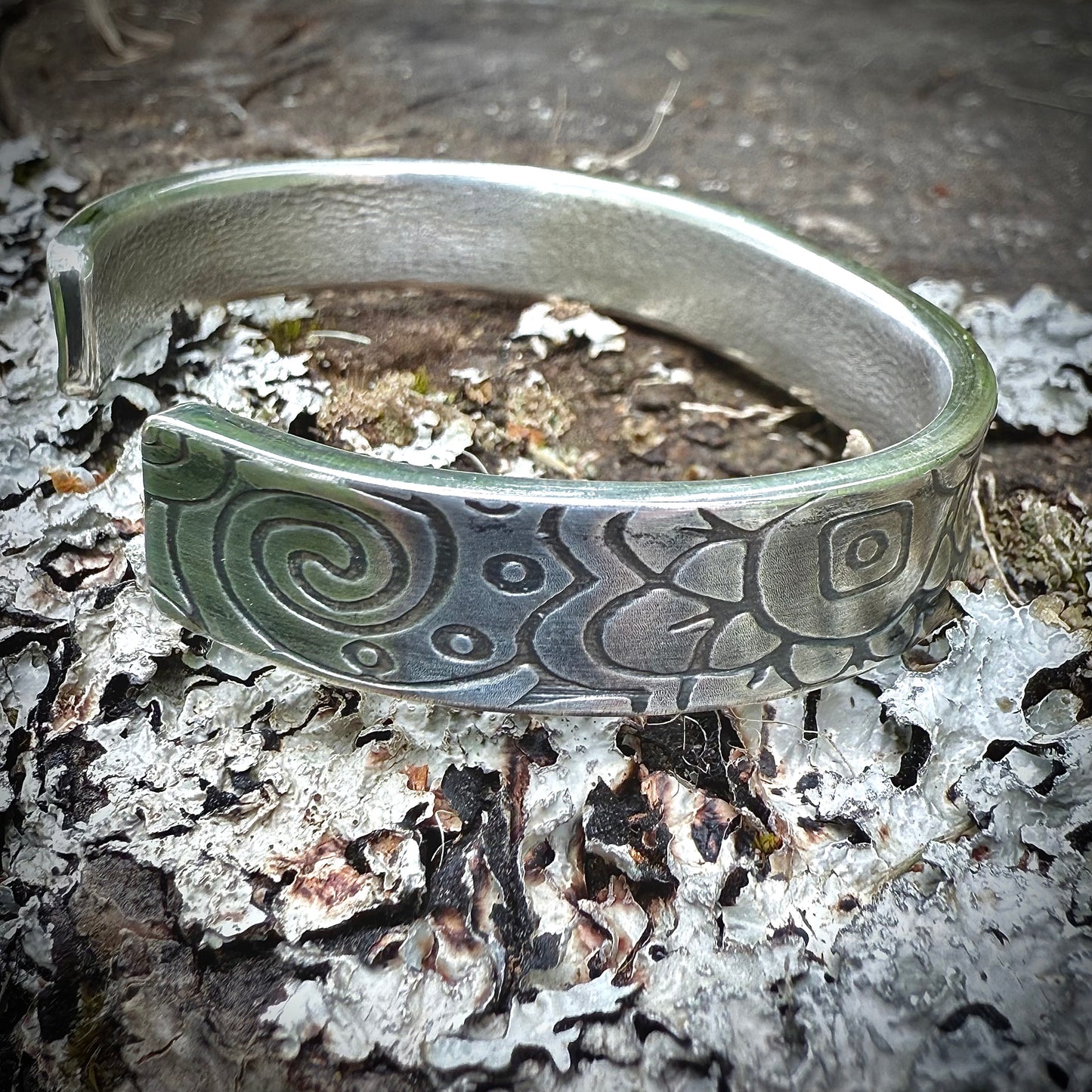 100% Pure Silver Bracelet. Floral + Swirl Pattern 3/8" wide. Handmade in Montana, USA. .999 Fine silver