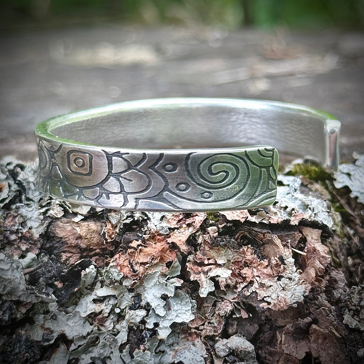 100% Pure Silver Bracelet. Floral + Swirl Pattern 3/8" wide. Handmade in Montana, USA. .999 Fine silver