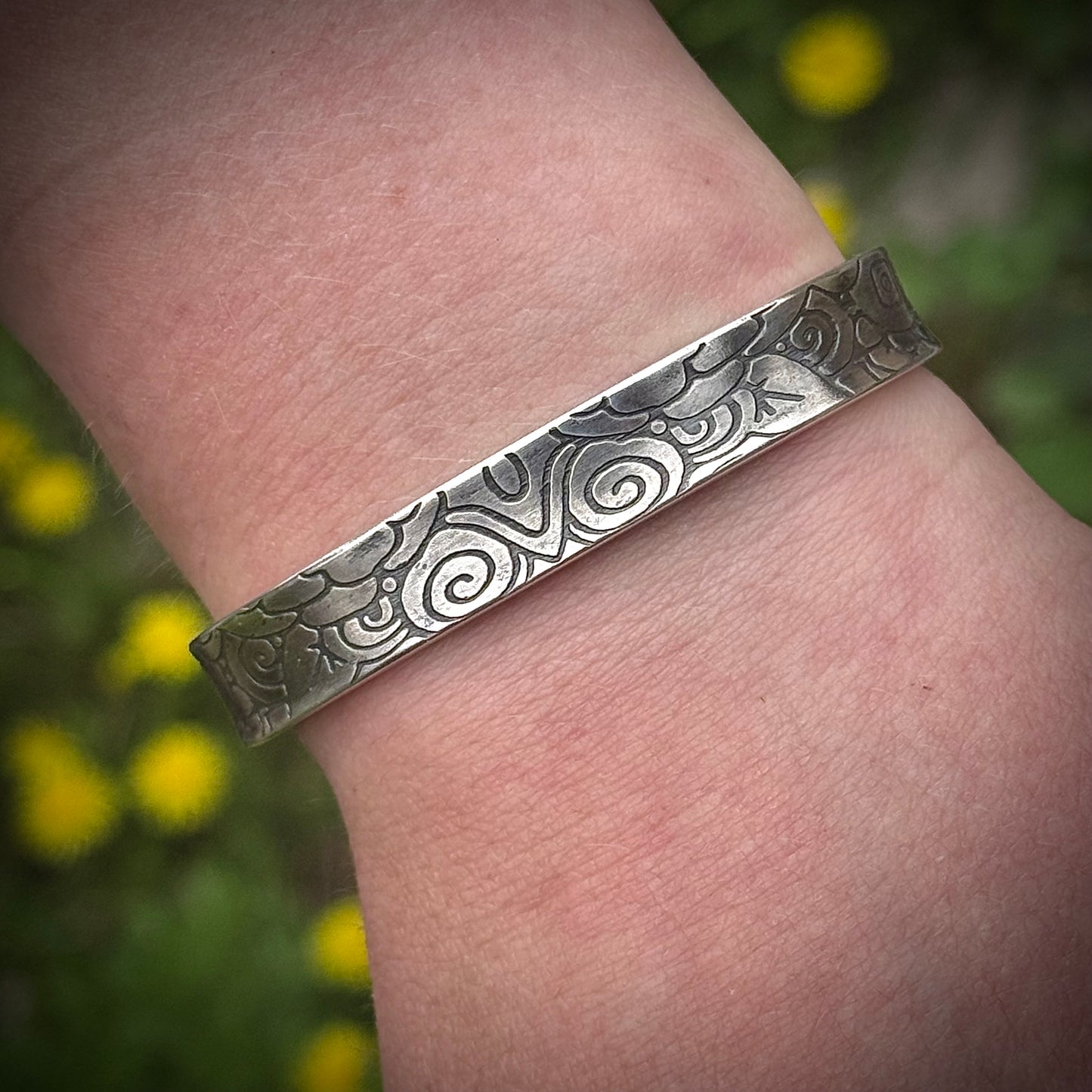 100% Pure Silver Bracelet. Floral + Swirl Pattern 3/8" wide. Handmade in Montana, USA. .999 Fine silver