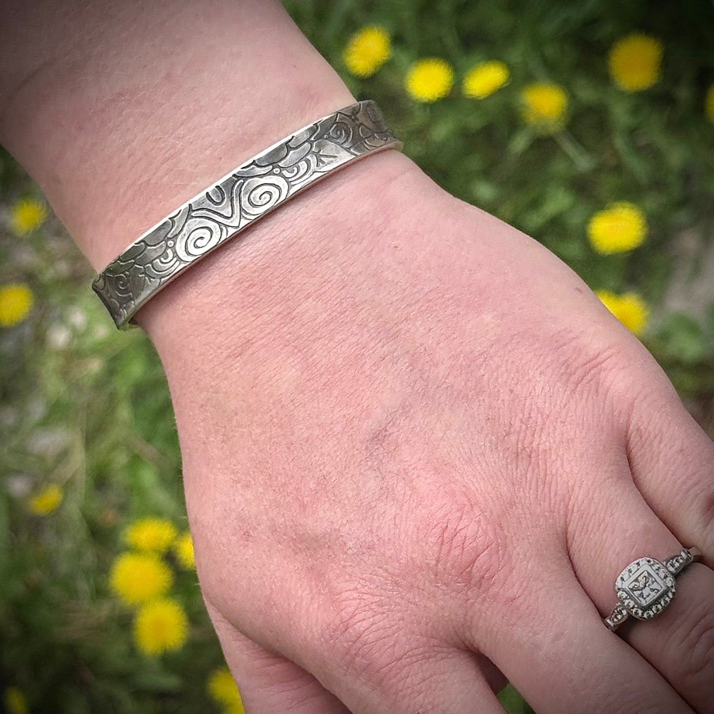 100% Pure Silver Bracelet. Floral + Swirl Pattern 3/8" wide. Handmade in Montana, USA. .999 Fine silver