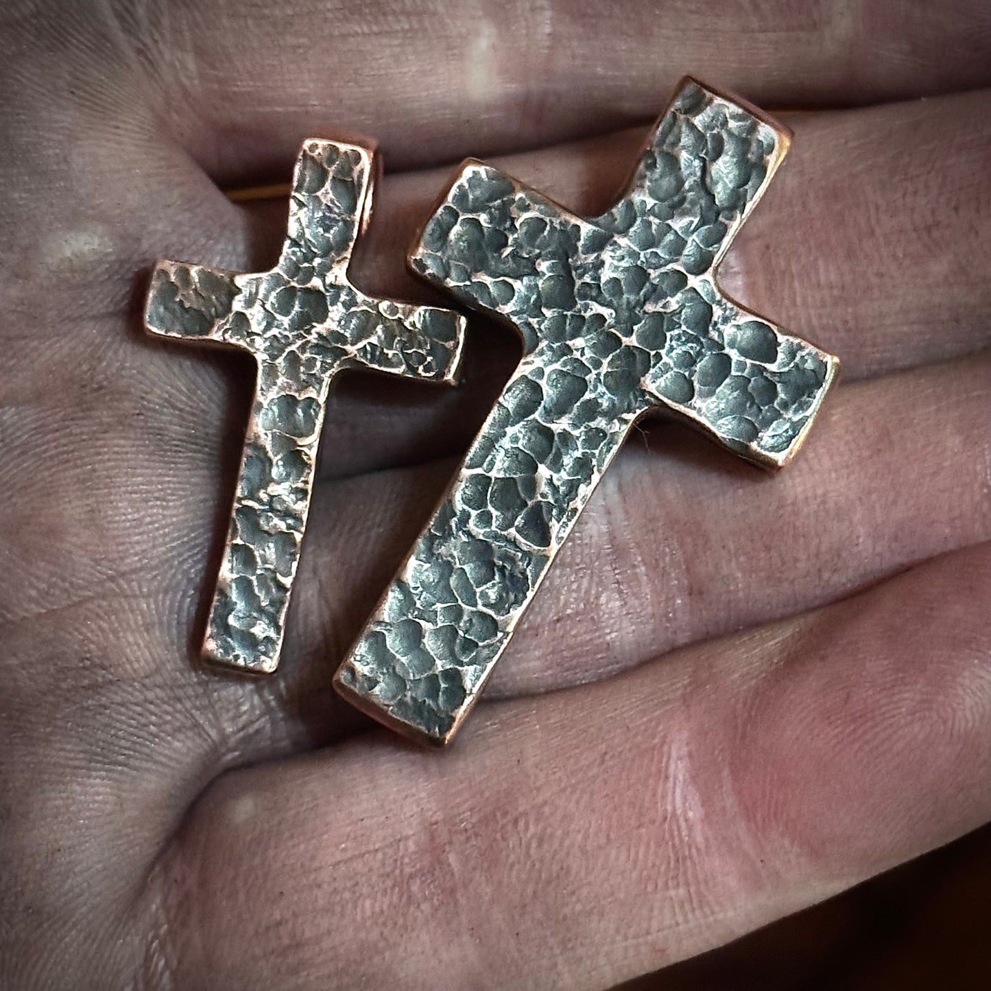 Copper Hammered Finish CROSS PENDANT. Made in America. Hand forged in Montana. .999+ Pure Copper