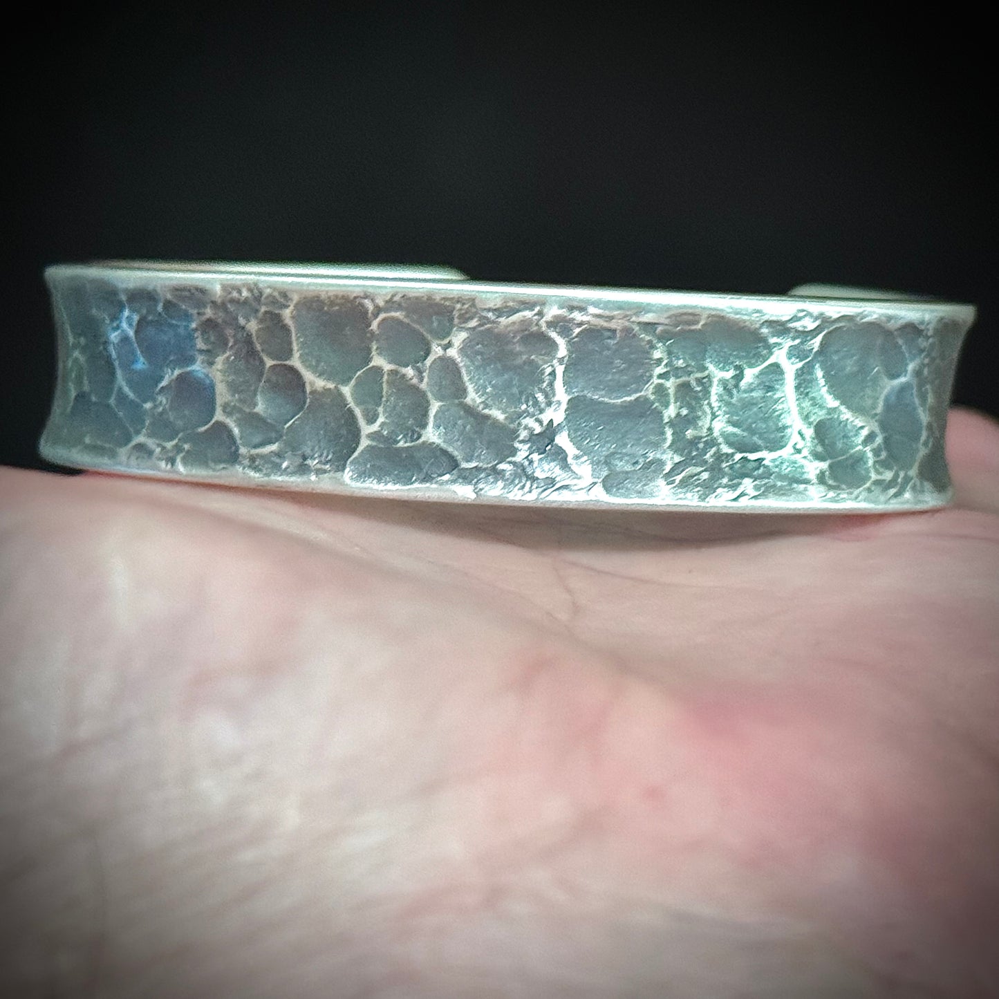 100% Pure Silver Cuff Bracelet. Hammered Finish. 5/8 wide. Handmade in Montana. Rugged Western bracelet. .999 Fine silver. New Design!