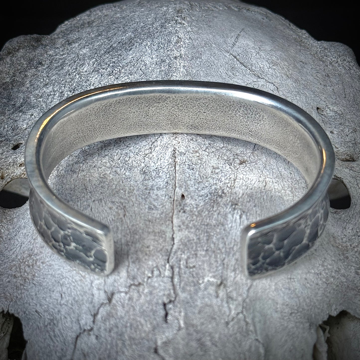 100% Pure Silver Cuff Bracelet. Hammered Finish. 5/8 wide. Handmade in Montana. Rugged Western bracelet. .999 Fine silver. New Design!