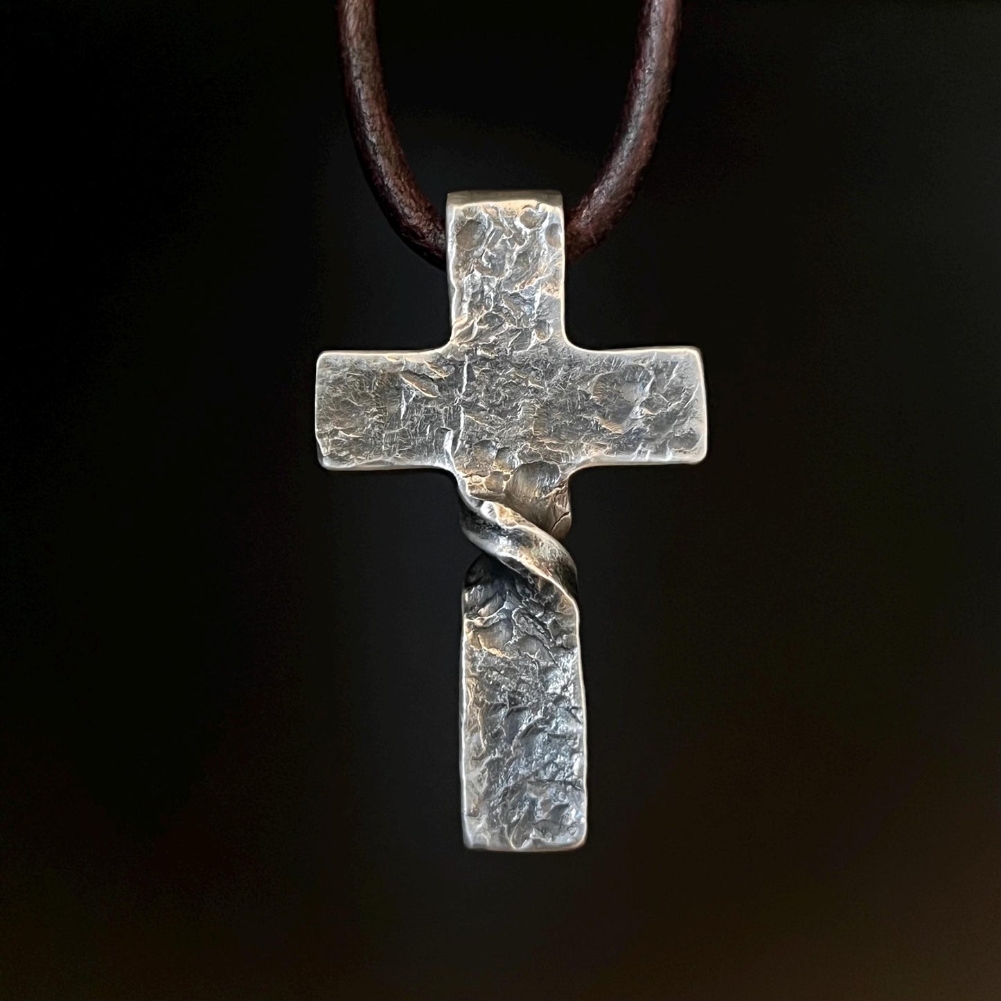 999+ Pure Silver Twist CROSS PENDANT Hammered Finish. Made in America. hand forged in Montana.