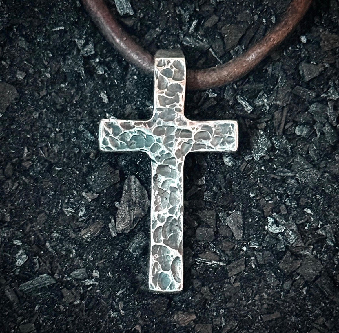 999+ Pure Silver Hammered Textured Cross Pendant with Patina Finish. Made in America. Hand forged in Montana
