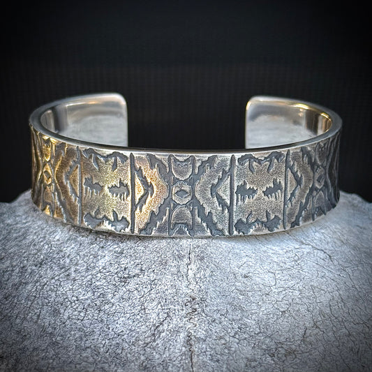 100% Pure Silver Cuff Bracelet. southwest pattern. 5/8 wide. Handmade in Montana.  Rugged Western bracelet. .999 Fine silver. New Design!