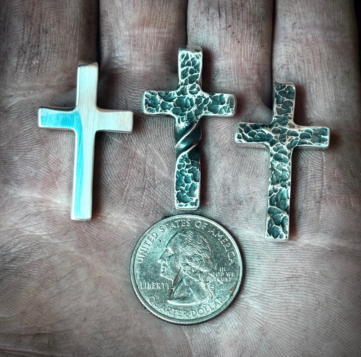 999+ Pure Silver Hammered Textured Cross Pendant with Patina Finish. Made in America. Hand forged in Montana