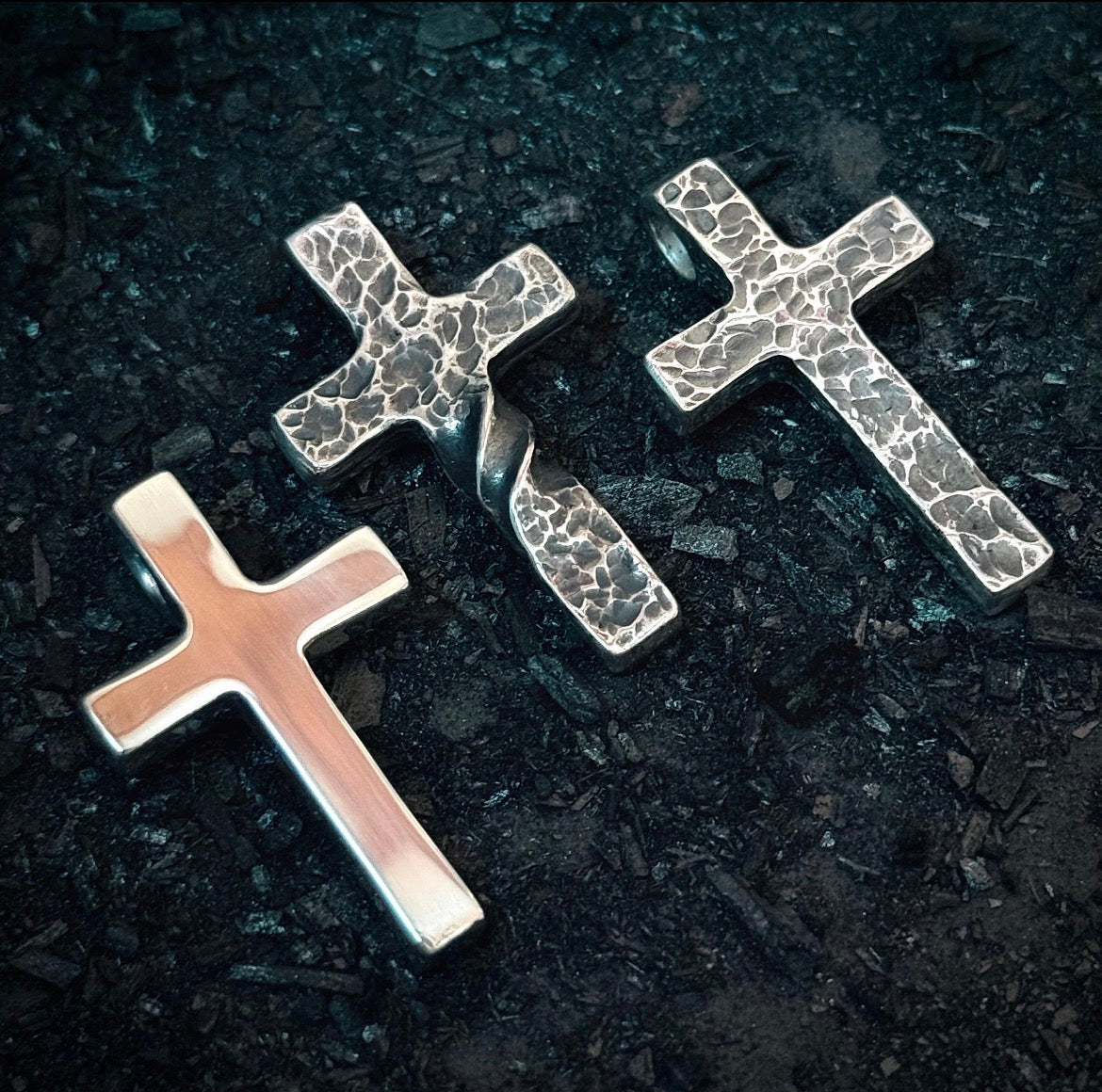 999+ Pure Silver Hammered Textured Cross Pendant with Patina Finish. Made in America. Hand forged in Montana