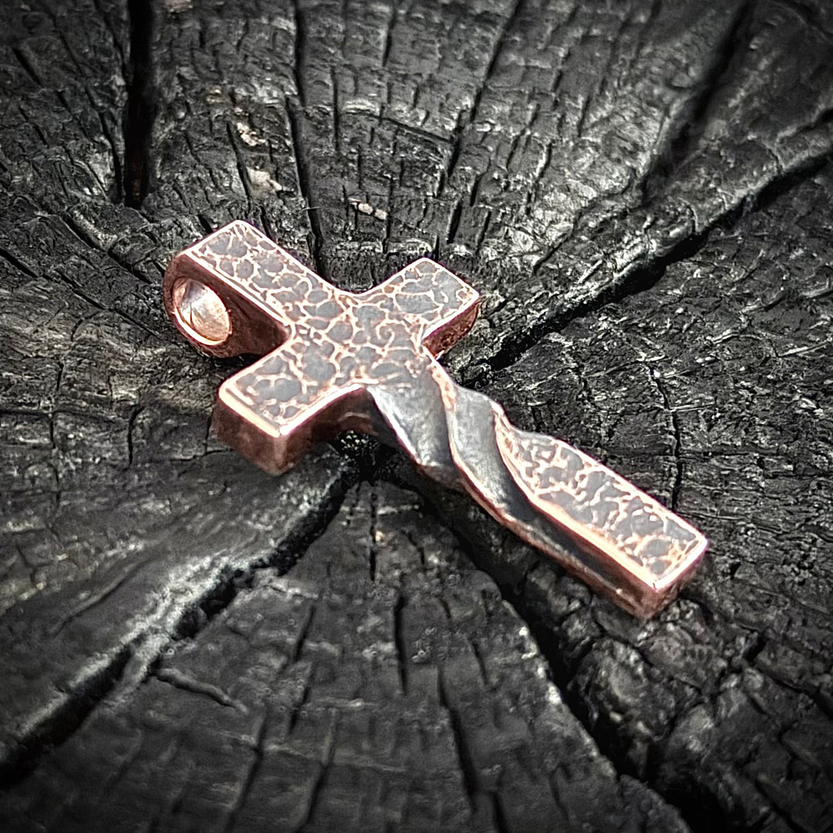 100% Pure Copper, Petite version, Twisted Hammered Cross Pendant with Patina Finish. Made in America. Hand forged in Montana.
