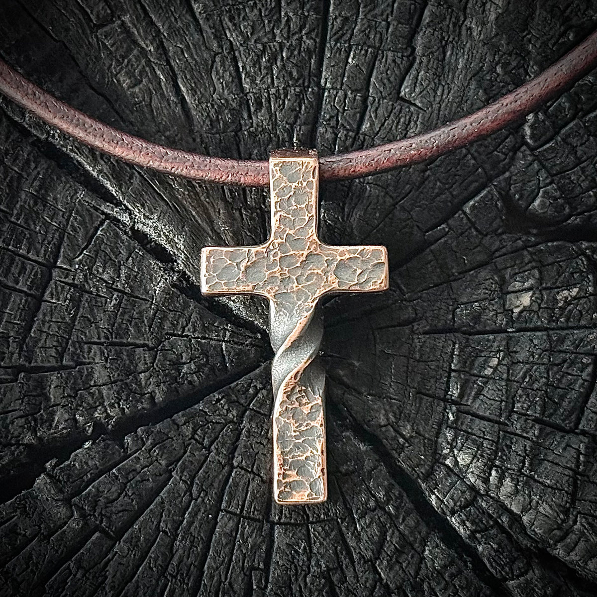 100% Pure Copper, Petite version, Twisted Hammered Cross Pendant with Patina Finish. Made in America. Hand forged in Montana.