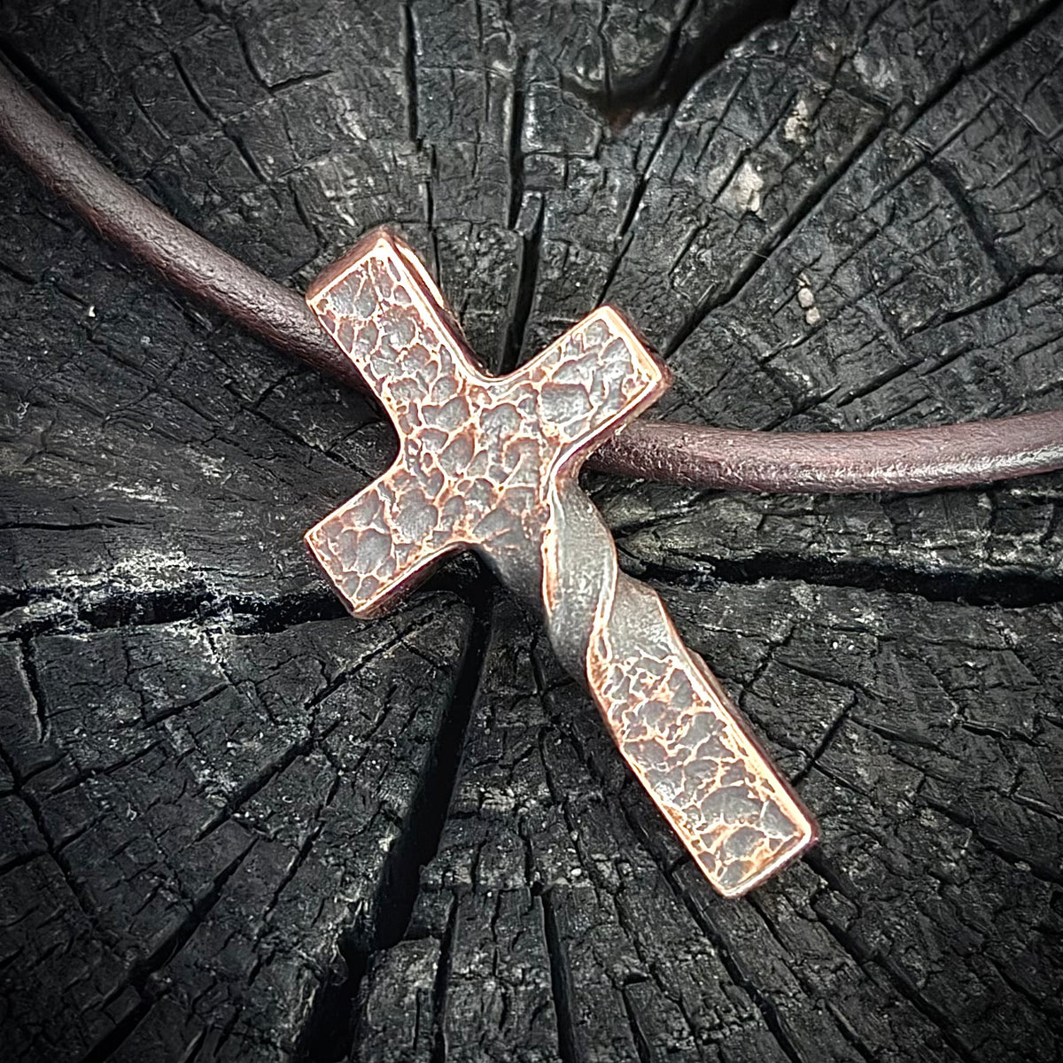 100% Pure Copper, Petite version, Twisted Hammered Cross Pendant with Patina Finish. Made in America. Hand forged in Montana.