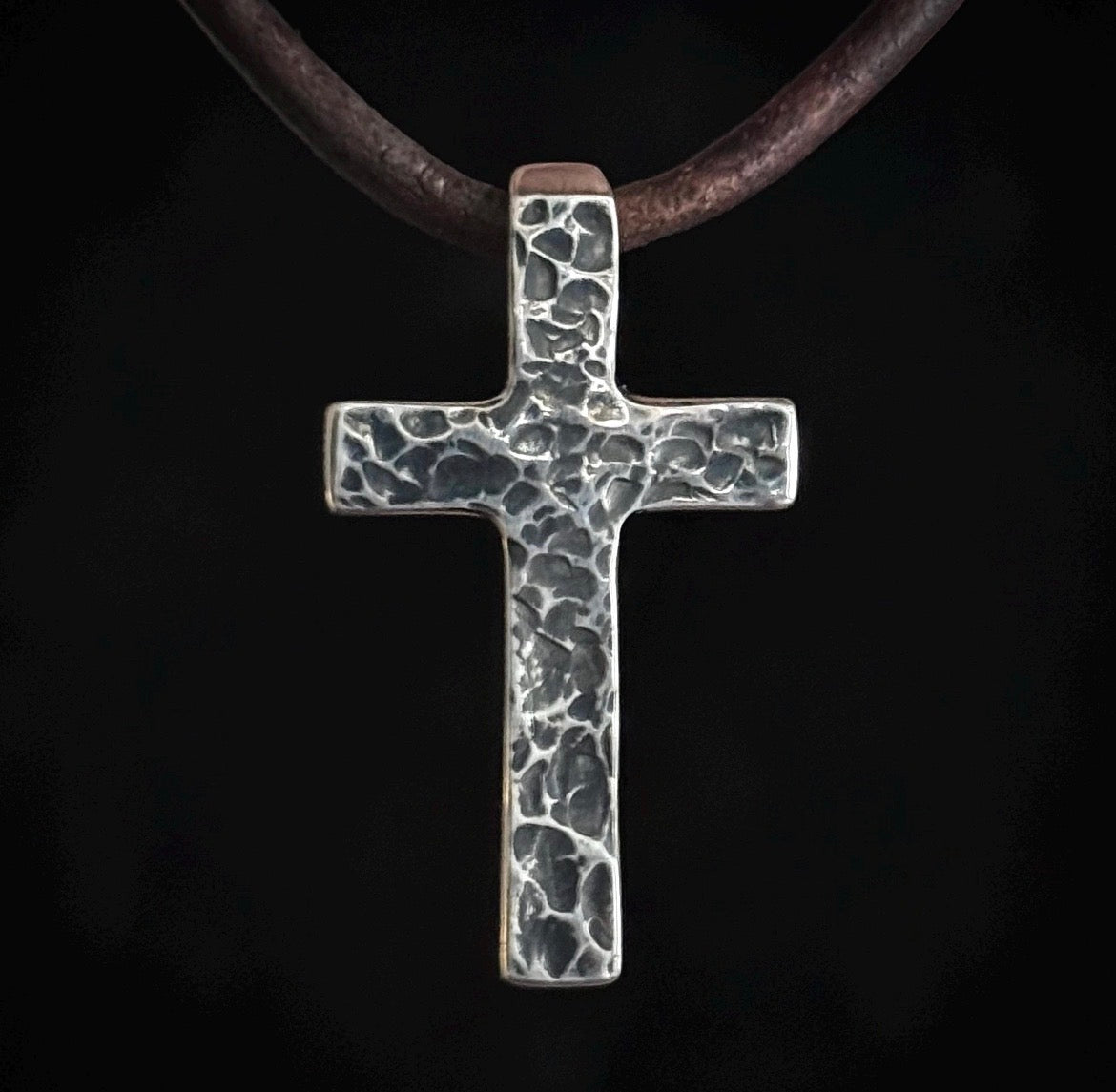 999+ Pure Silver Hammered Textured Cross Pendant with Patina Finish. Made in America. Hand forged in Montana