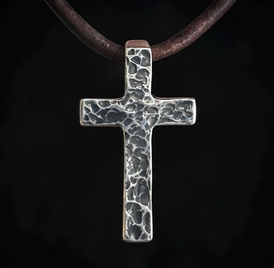 999+ Pure Silver Hammered Textured Cross Pendant with Patina Finish. Made in America. Hand forged in Montana