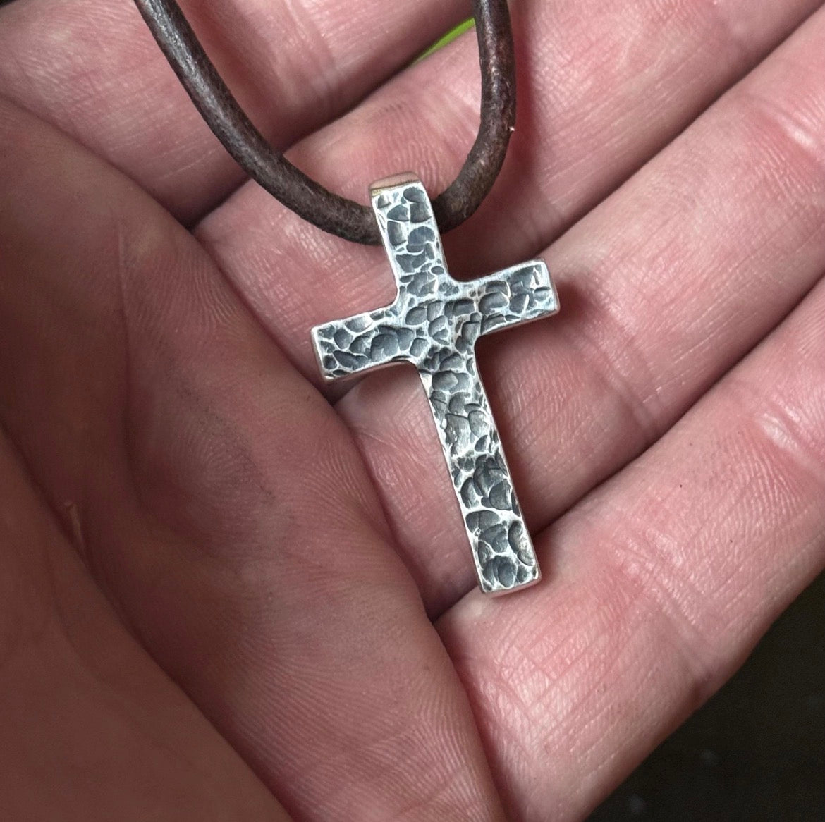 999+ Pure Silver Hammered Textured Cross Pendant with Patina Finish. Made in America. Hand forged in Montana