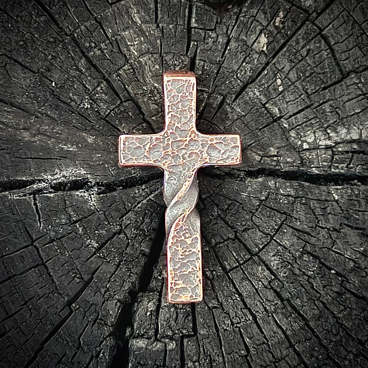 100% Pure Copper, Petite version, Twisted Hammered Cross Pendant with Patina Finish. Made in America. Hand forged in Montana.