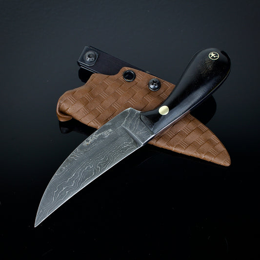 Damascus Steel Clinch Pick Knife with Kydex Sheath. Hand Forged in Montana.