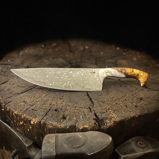 VG10, Stainless Steel Damascus Chef Knife. Hand Forged in Montana.