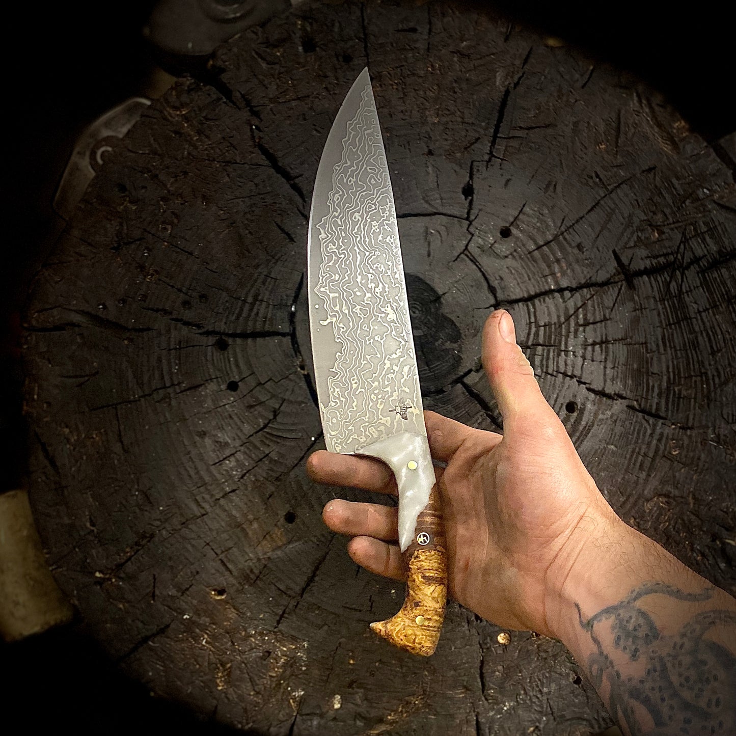 VG10, Stainless Steel Damascus Chef Knife. Hand Forged in Montana.