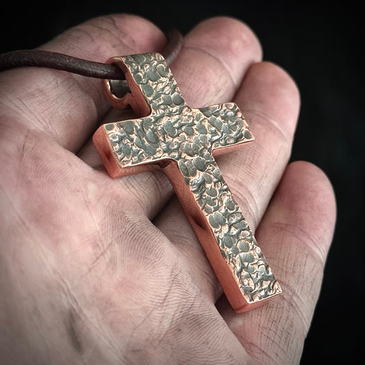 Copper Hammered Finish CROSS PENDANT. Made in America. Hand forged in Montana. .999+ Pure Copper