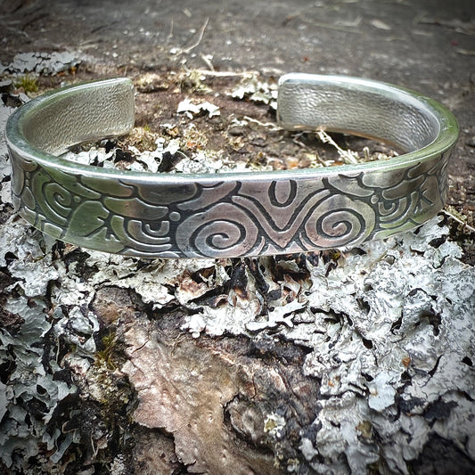 100% Pure Silver Bracelet. Floral + Swirl Pattern 3/8" wide. Handmade in Montana, USA. .999 Fine silver