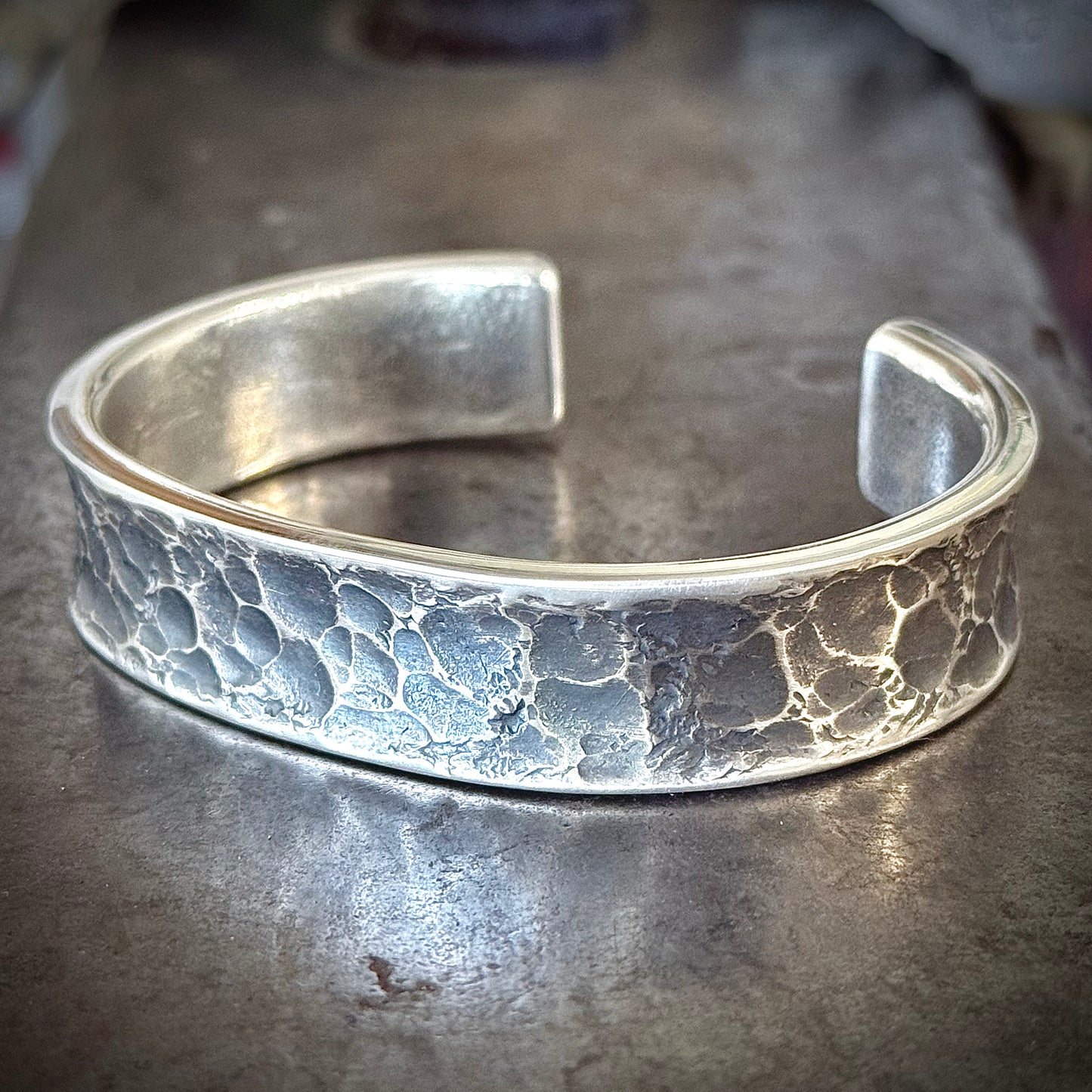 100% Pure Silver Cuff Bracelet. Hammered Finish. 5/8 wide. Handmade in Montana.  Rugged Western bracelet. .999 Fine silver. New Design!